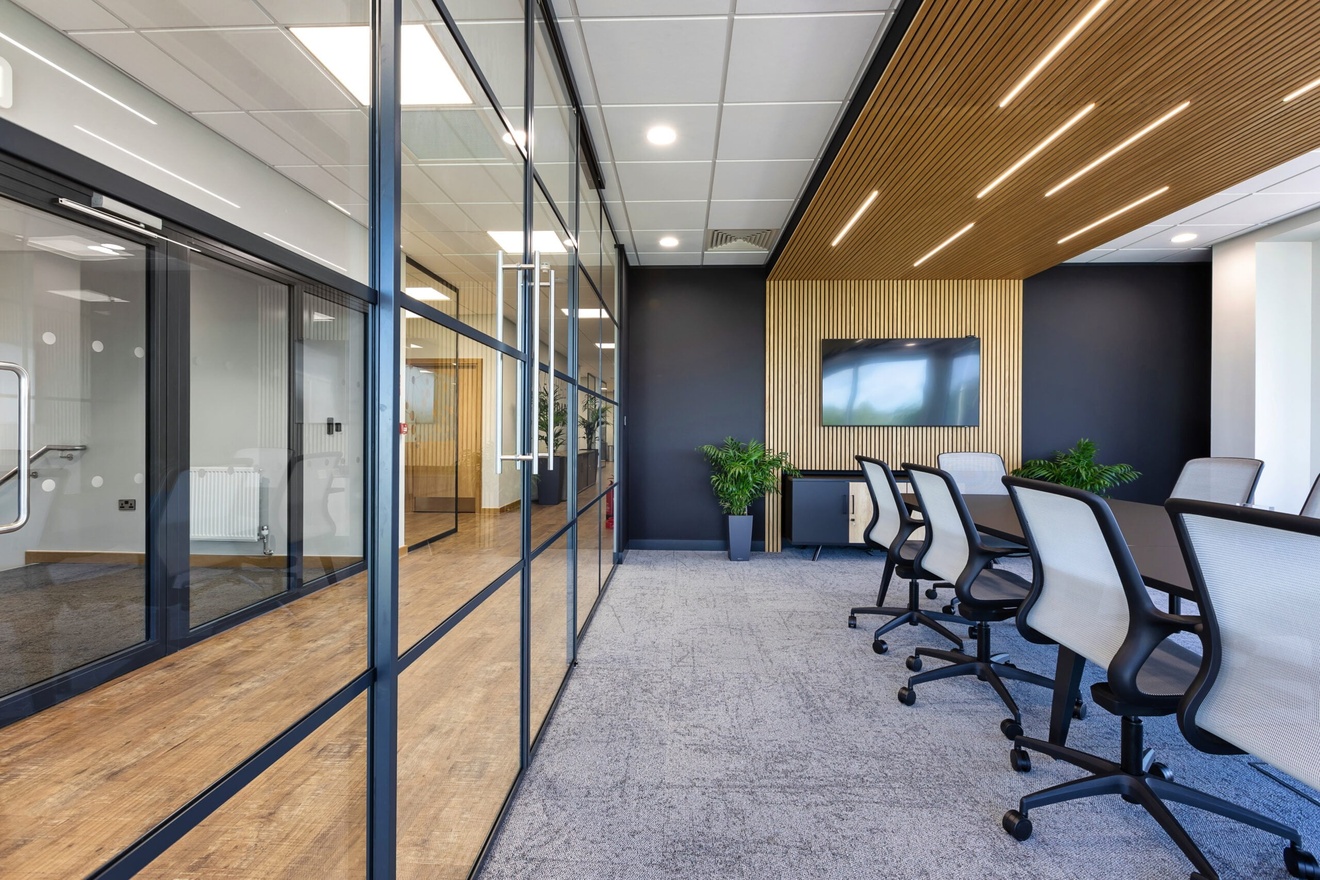 modern conference room with a big table and matching chairs